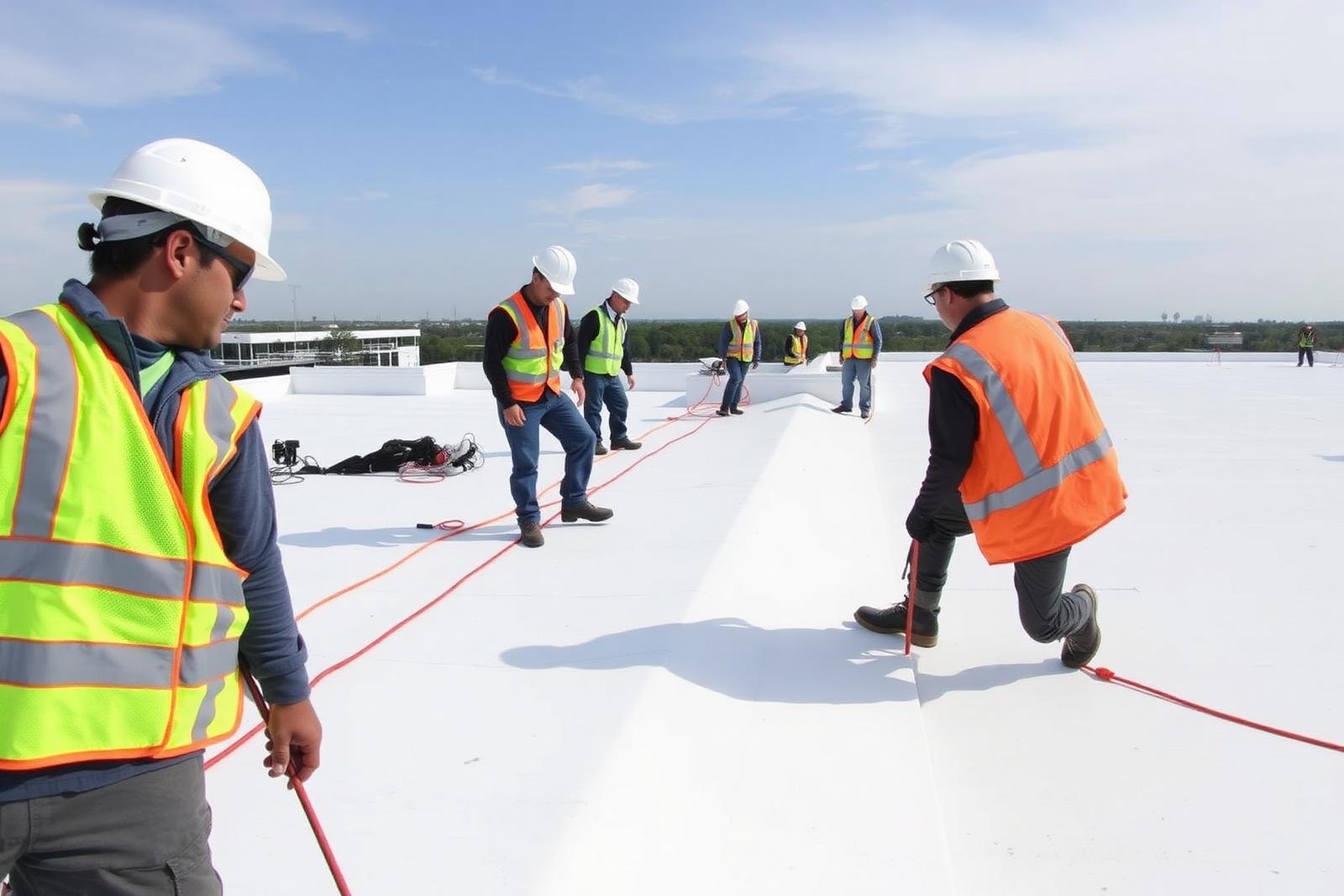 Saturn 5 Roofing crew installing single-ply commercial roofing