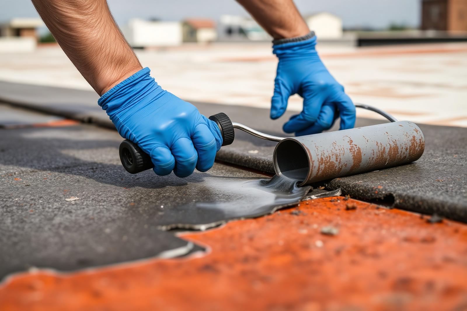 Roofer applying commercial roof coating